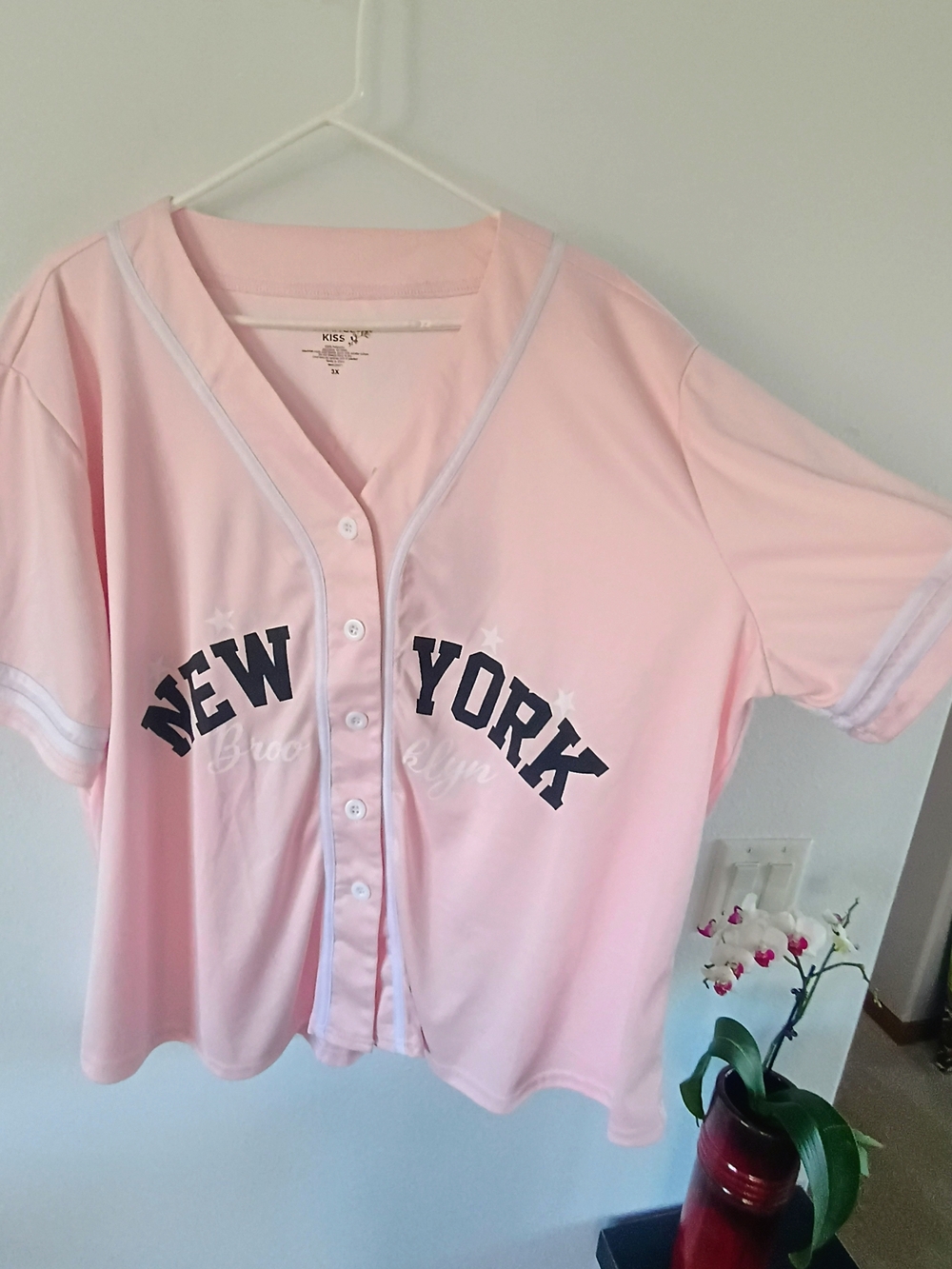 Orange Kiss New York Baseball Jersey Top Pink Graphic Button Front Womens 3X